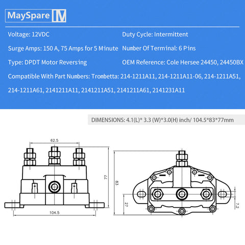 REVERSING SOLENOID RELAY WINCH MOTOR INTERMITTENT DUTY FOR TROMBETTA