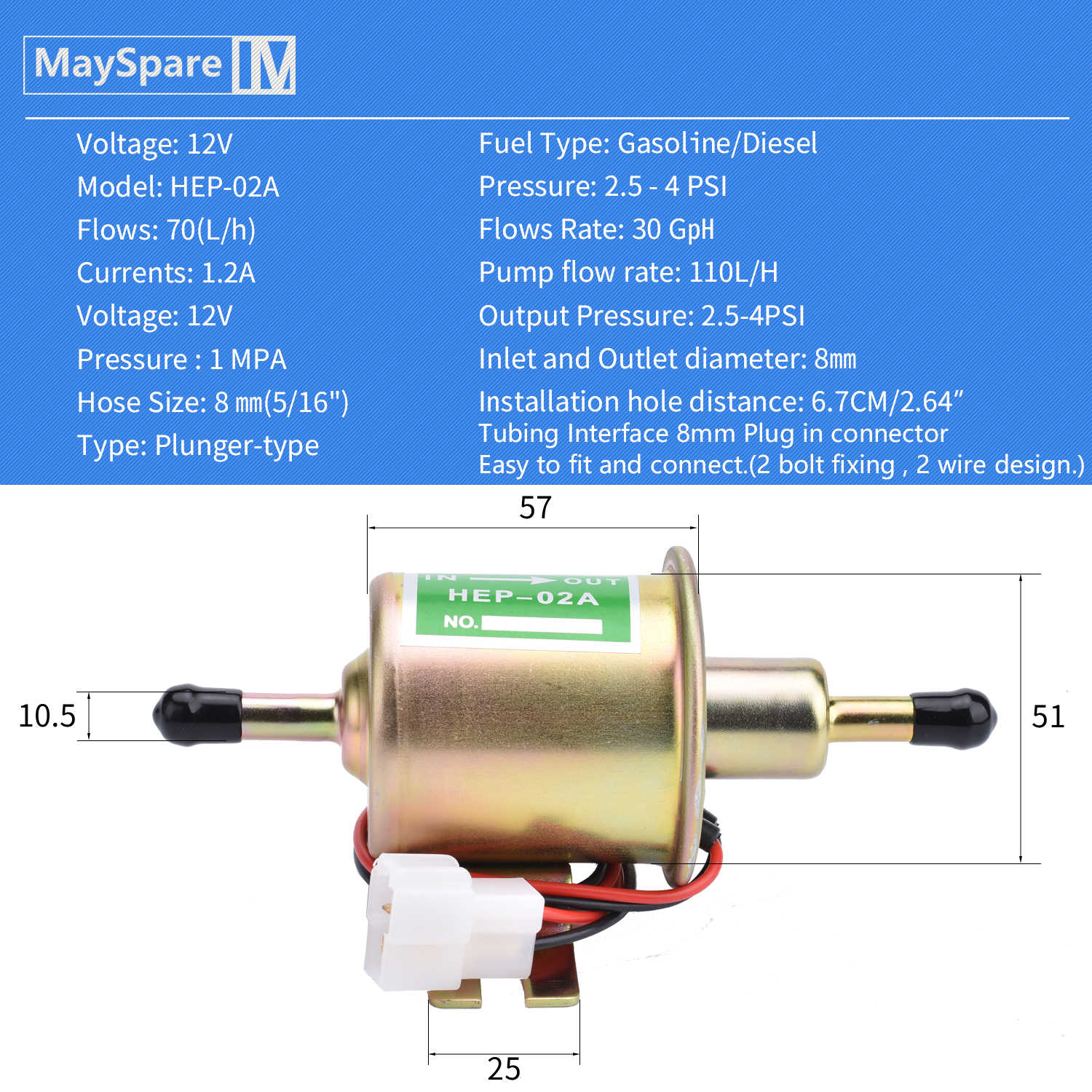 Universal Gas and Diesel Electric Fuel Pump DC 12V (Output Pressure 3-6  PSI) Heavy Duty Inline Fuel Pump Metal Solid Petrol 12 Volts HEP-02A